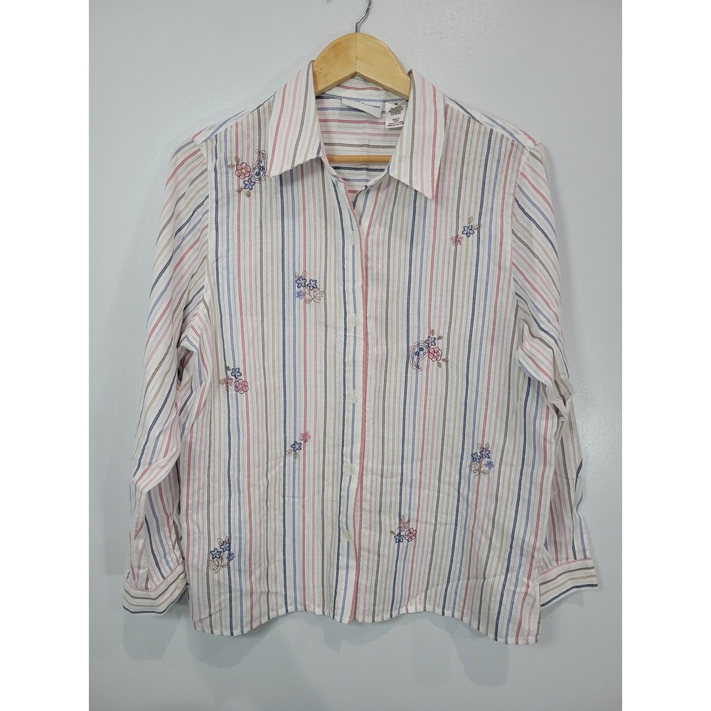 Alfred Dunner Womens Striped‎ Floral Embroidered Button Down Shirt Size 14